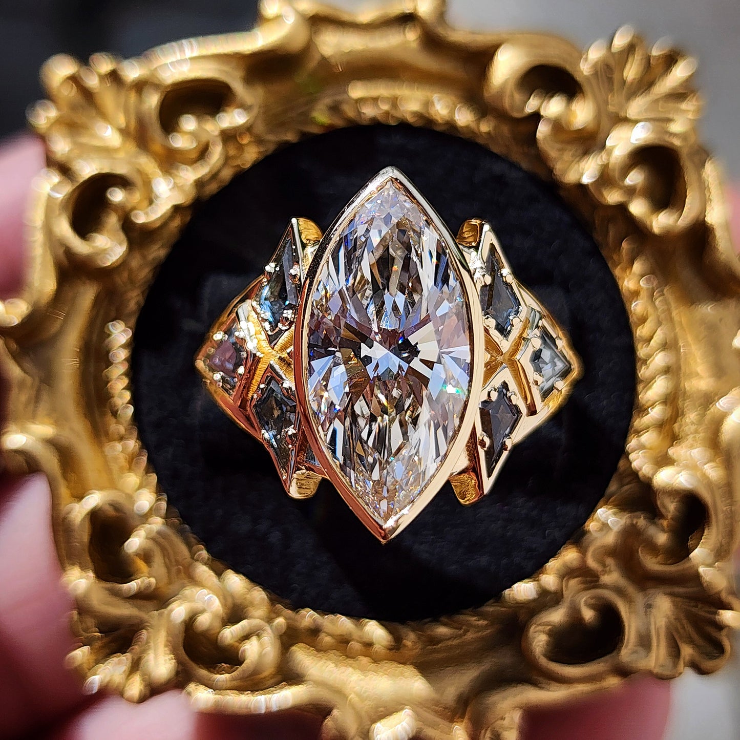 Valkyrie 4.28ct Marquise Diamond Ring with Montana Sapphire Kites 14k yellow gold image 1
