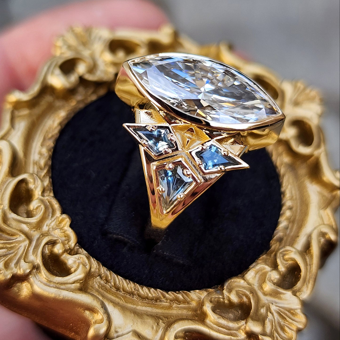 Valkyrie 4.28ct Marquise Diamond Ring with Montana Sapphire Kites 14k yellow gold image 4