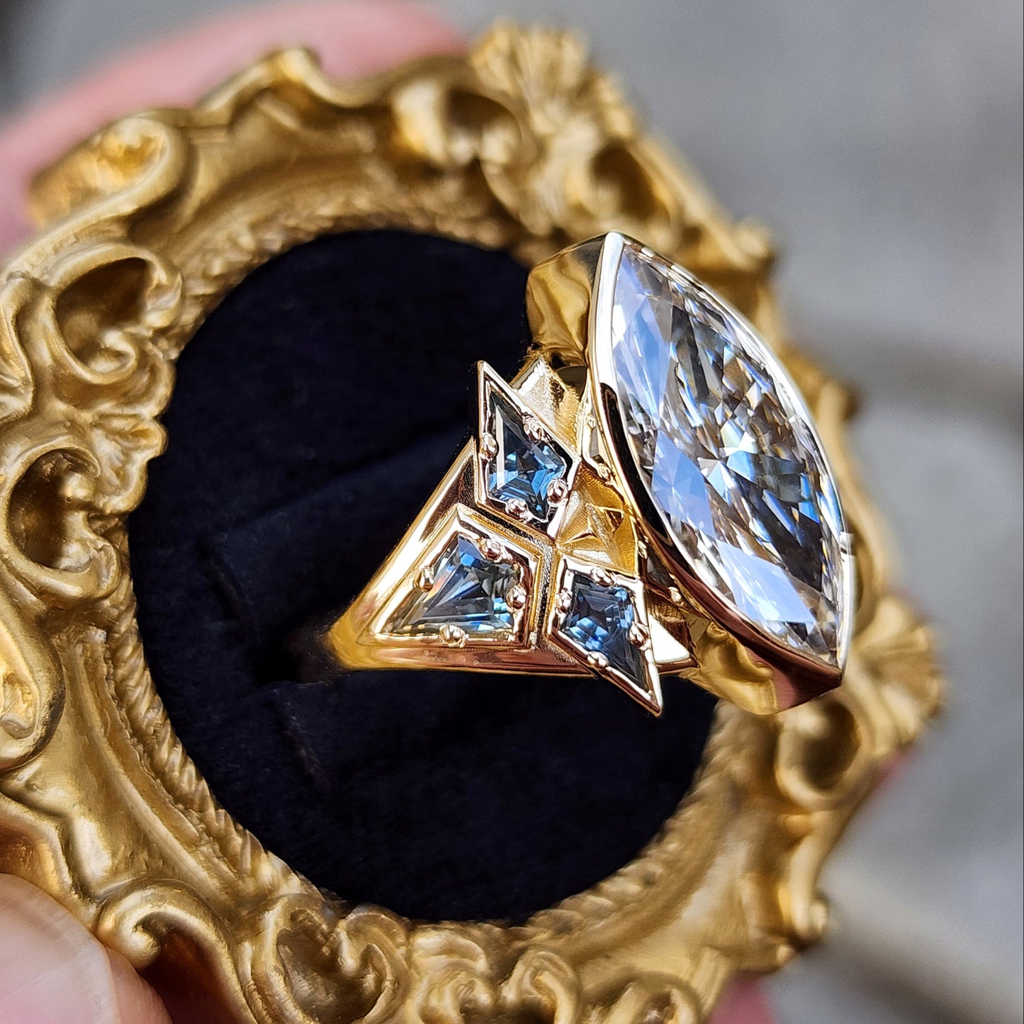 Valkyrie 4.28ct Marquise Diamond Ring with Montana Sapphire Kites 14k yellow gold image 2