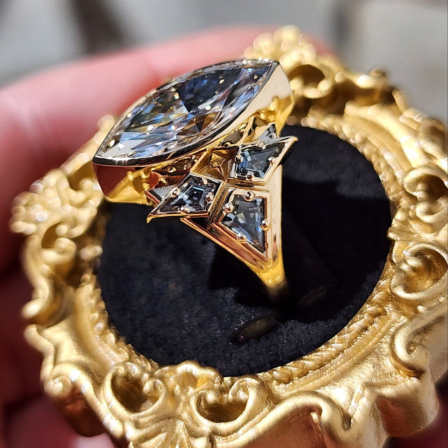 Valkyrie 4.28ct Marquise Diamond Ring with Montana Sapphire Kites 14k yellow gold image 5