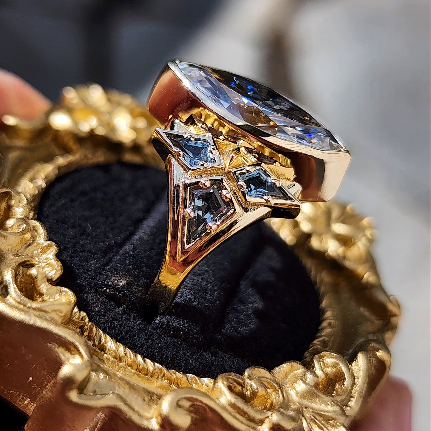 Valkyrie 4.28ct Marquise Diamond Ring with Montana Sapphire Kites 14k yellow gold image 7
