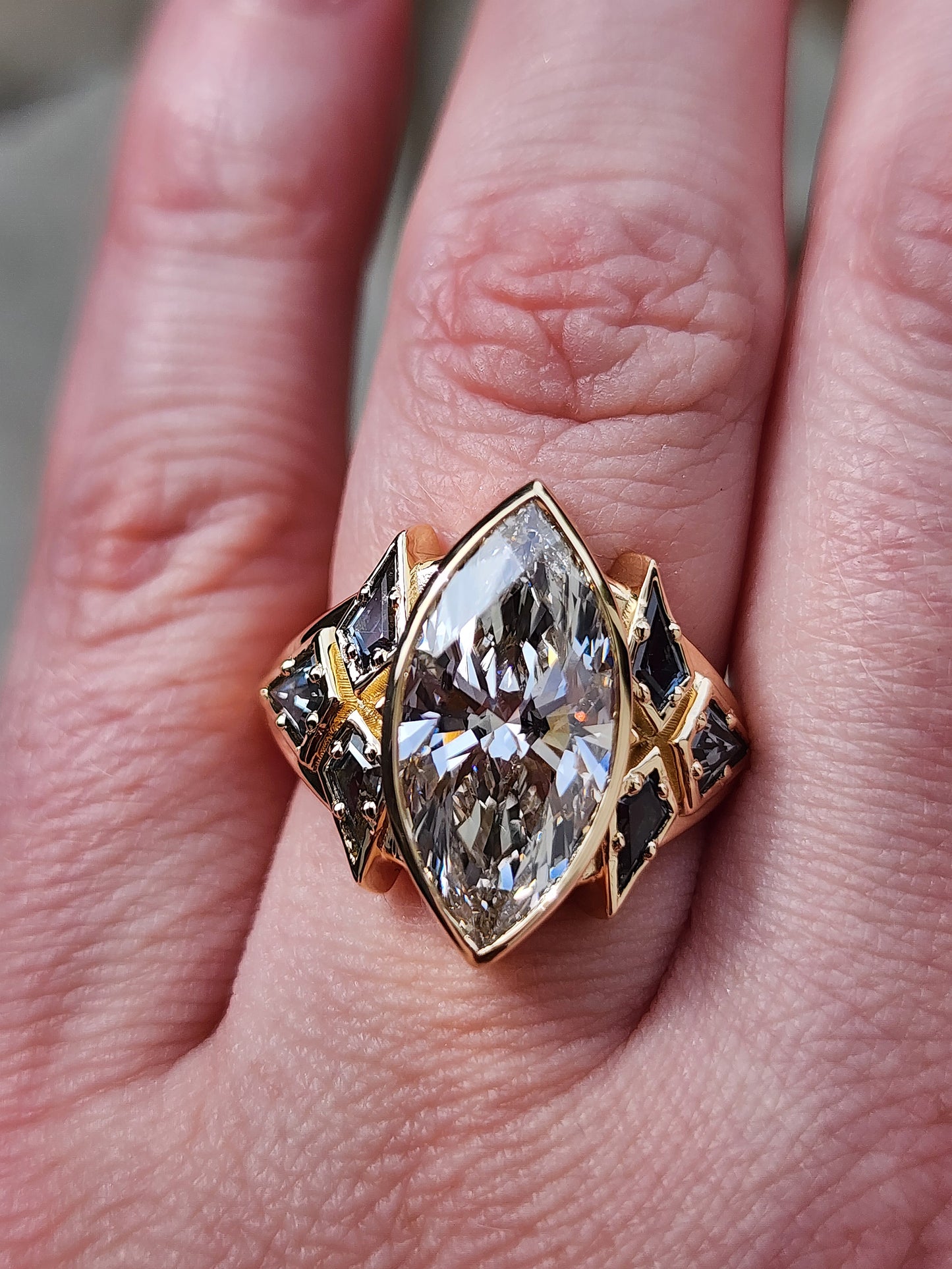 Valkyrie 4.28ct Marquise Diamond Ring with Montana Sapphire Kites 14k yellow gold image 11