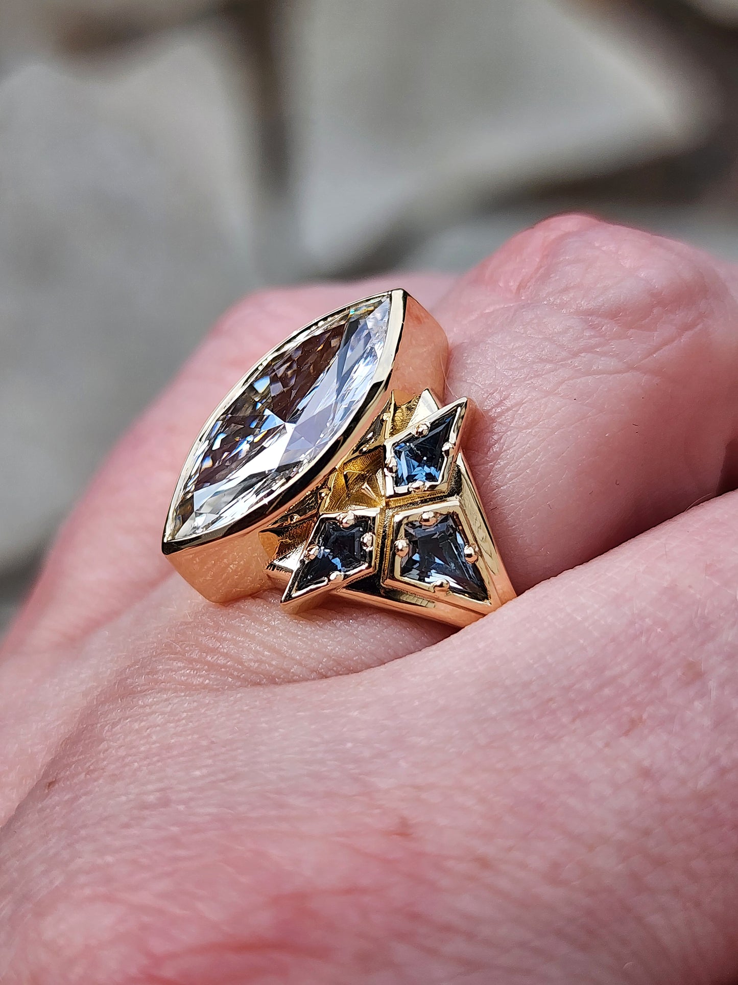 Valkyrie 4.28ct Marquise Diamond Ring with Montana Sapphire Kites 14k yellow gold image 10