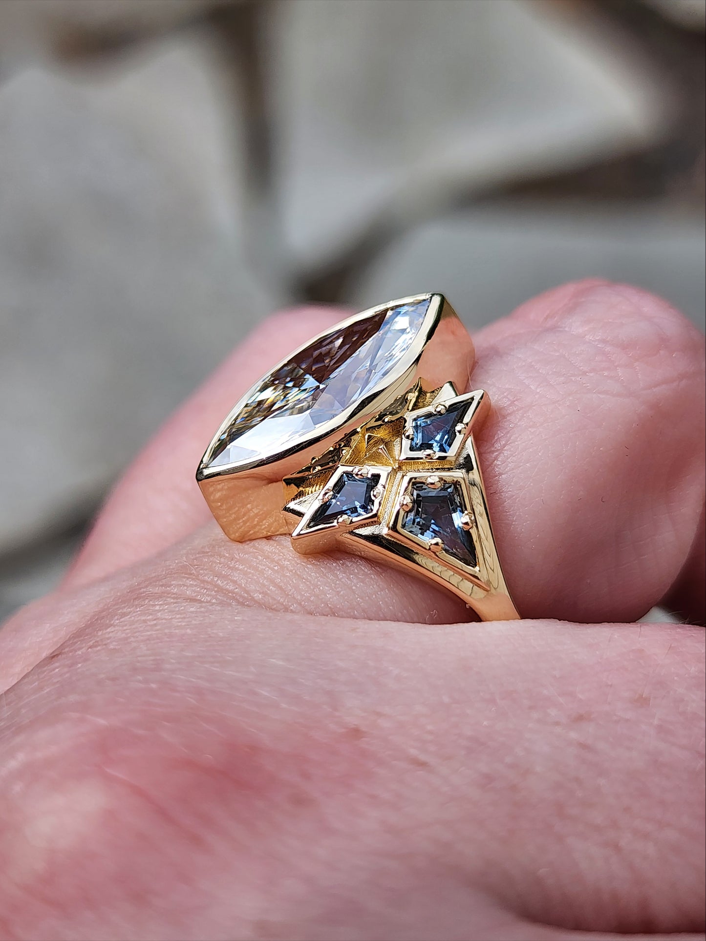 Valkyrie 4.28ct Marquise Diamond Ring with Montana Sapphire Kites 14k yellow gold image 12