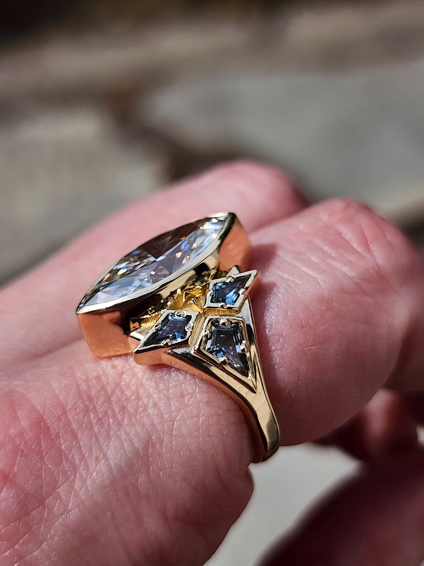Valkyrie 4.28ct Marquise Diamond Ring with Montana Sapphire Kites 14k yellow gold image 14