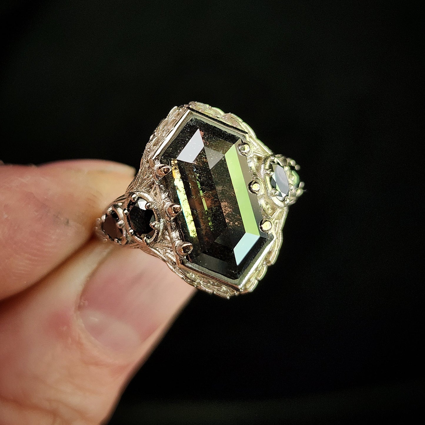 bramble setting with rose cut hexagon lab salt pepper diamond black diamond oval and pear gothic engagement ring image 1
