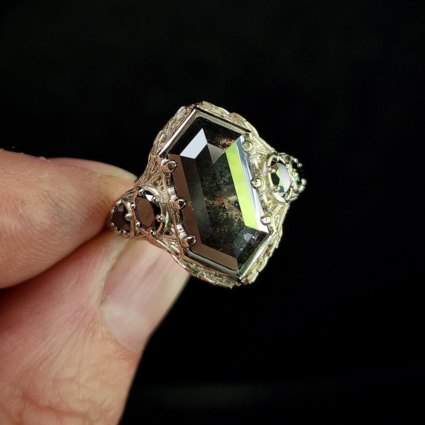 bramble setting with rose cut hexagon lab salt pepper diamond black diamond oval and pear gothic engagement ring image 3