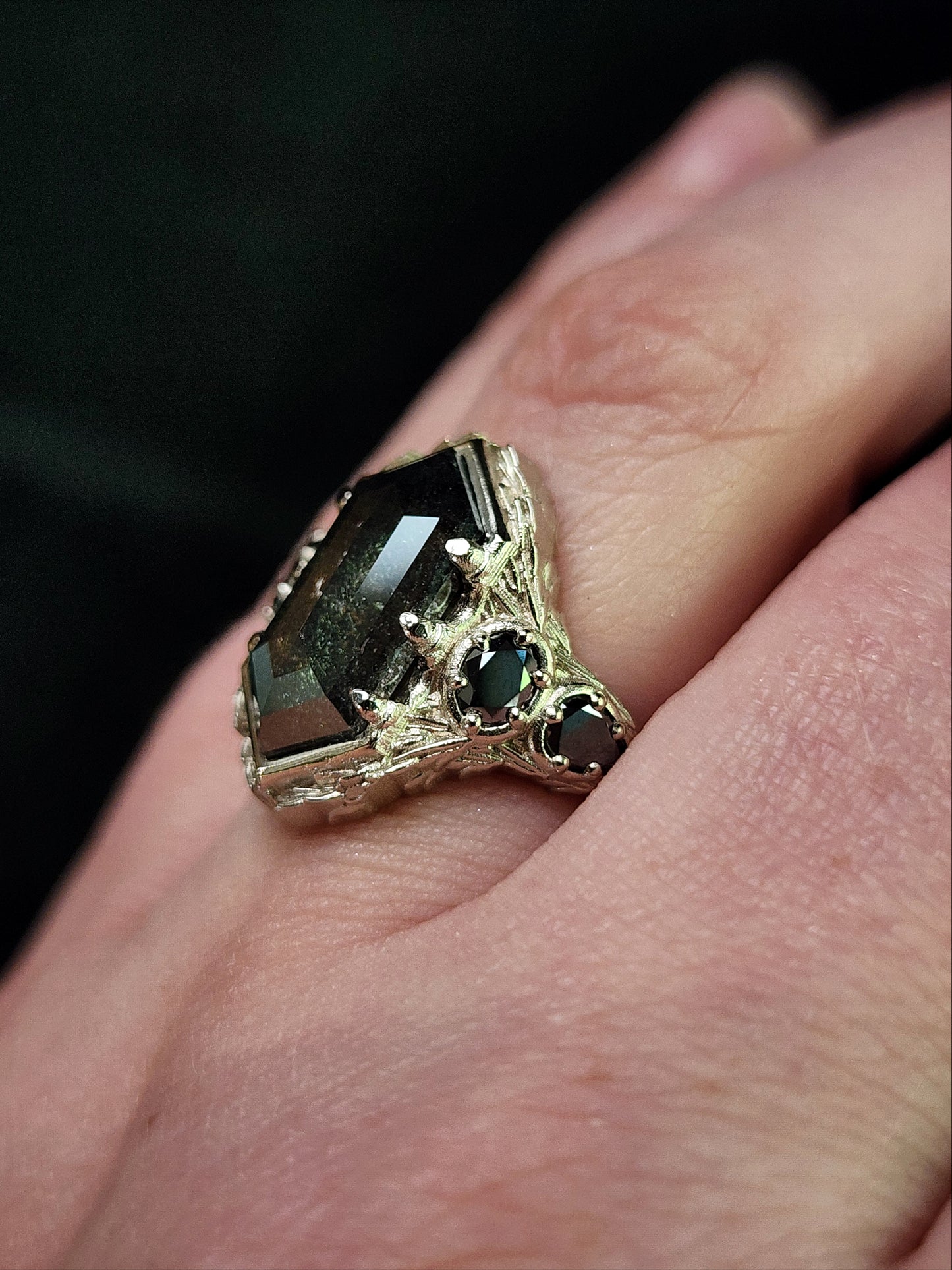 bramble setting with rose cut hexagon lab salt pepper diamond black diamond oval and pear gothic engagement ring image 11