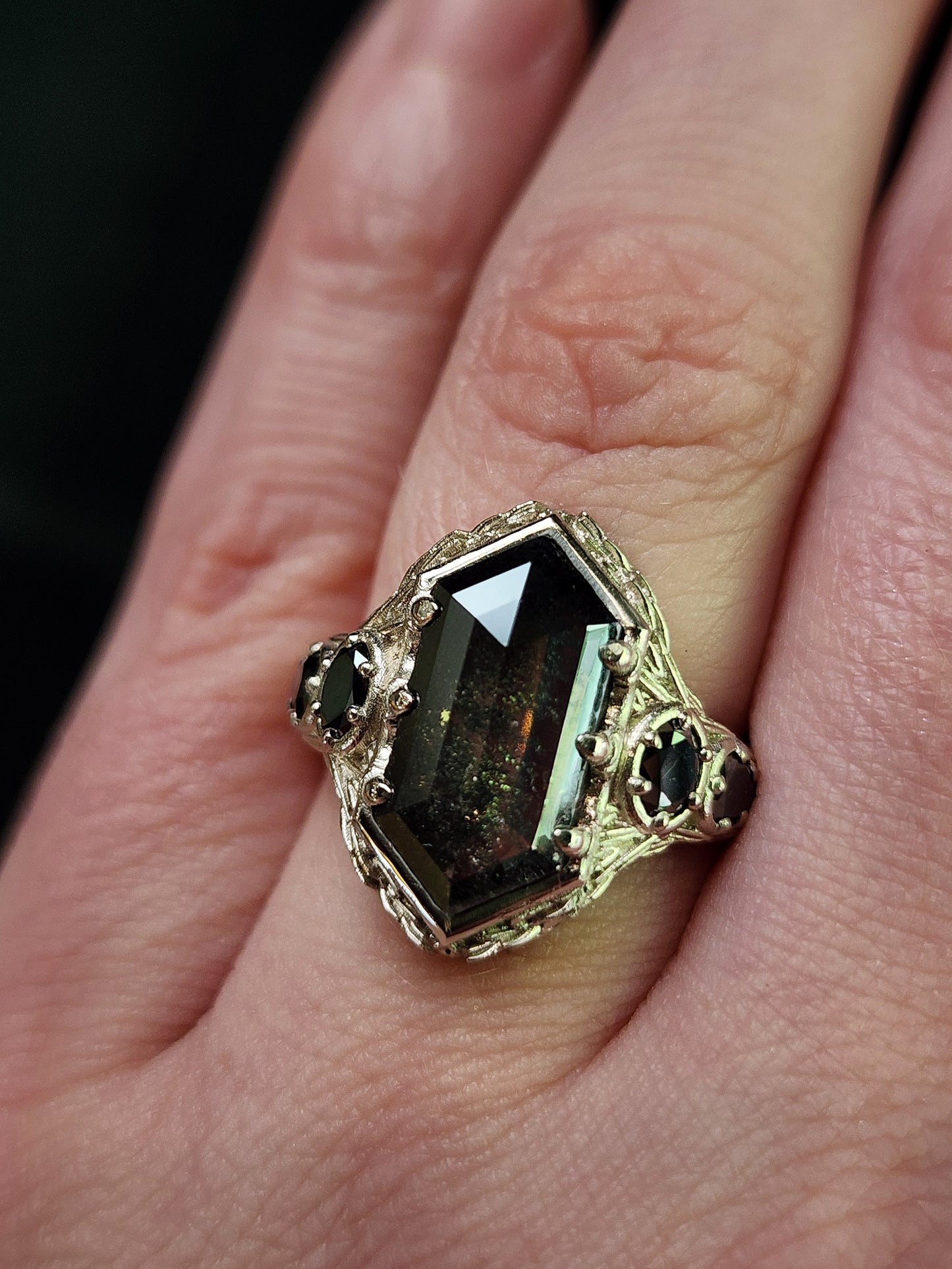 bramble setting with rose cut hexagon lab salt pepper diamond black diamond oval and pear gothic engagement ring image 10
