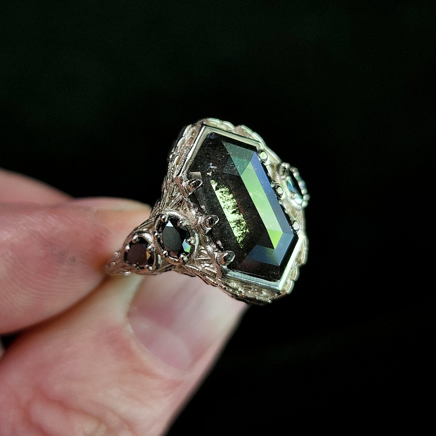 bramble setting with rose cut hexagon lab salt pepper diamond black diamond oval and pear gothic engagement ring image 5