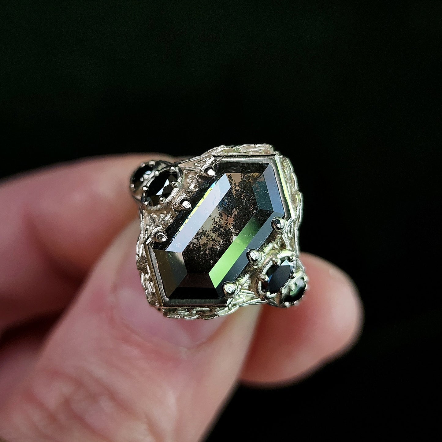 bramble setting with rose cut hexagon lab salt pepper diamond black diamond oval and pear gothic engagement ring image 4