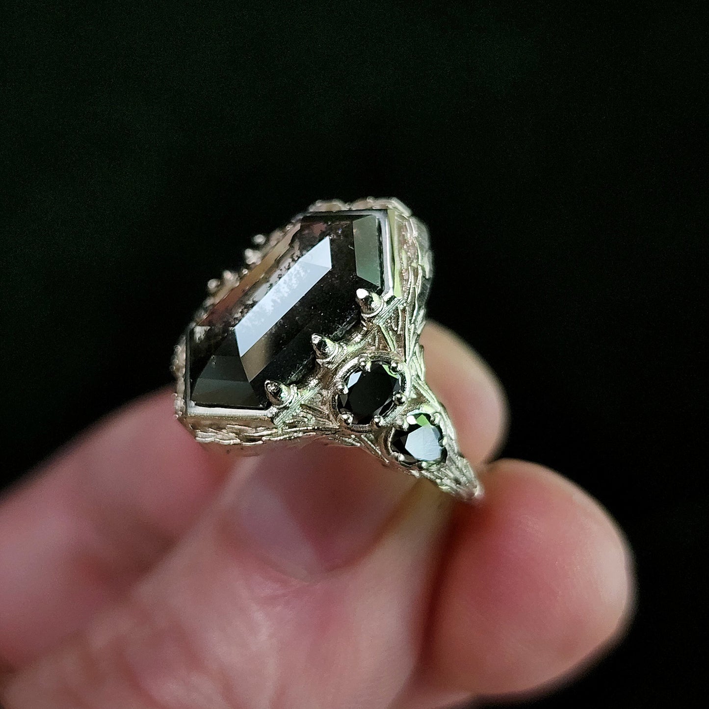 bramble setting with rose cut hexagon lab salt pepper diamond black diamond oval and pear gothic engagement ring image 8