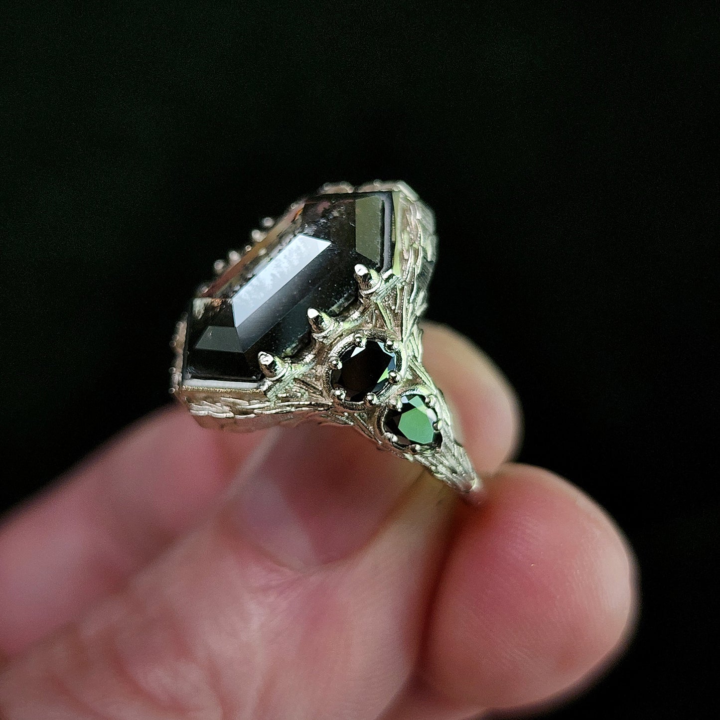 bramble setting with rose cut hexagon lab salt pepper diamond black diamond oval and pear gothic engagement ring image 7