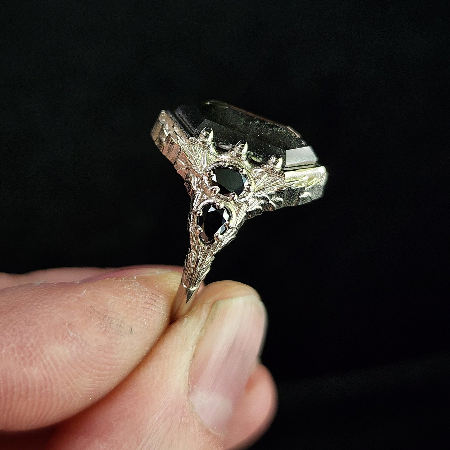 bramble setting with rose cut hexagon lab salt pepper diamond black diamond oval and pear gothic engagement ring image 6
