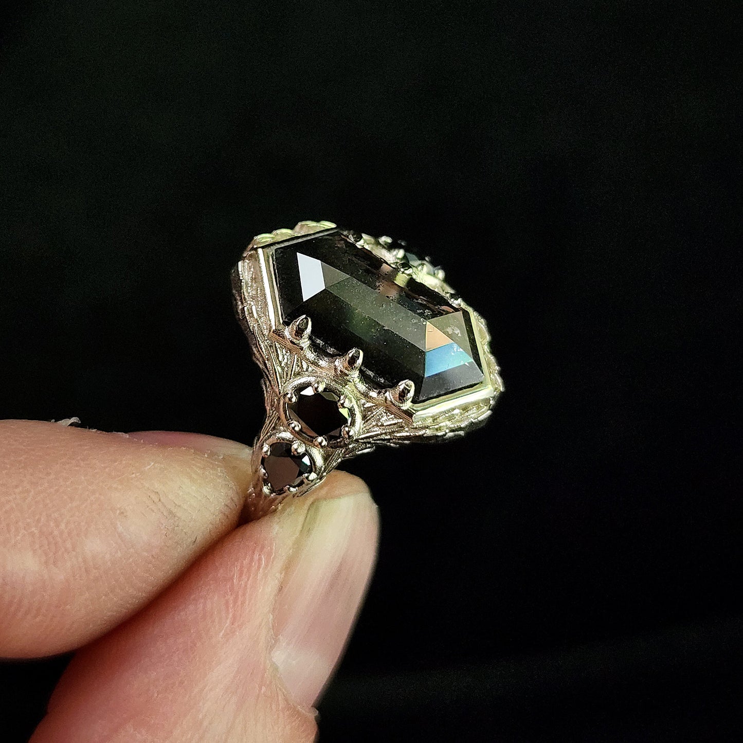 bramble setting with rose cut hexagon lab salt pepper diamond black diamond oval and pear gothic engagement ring image 2