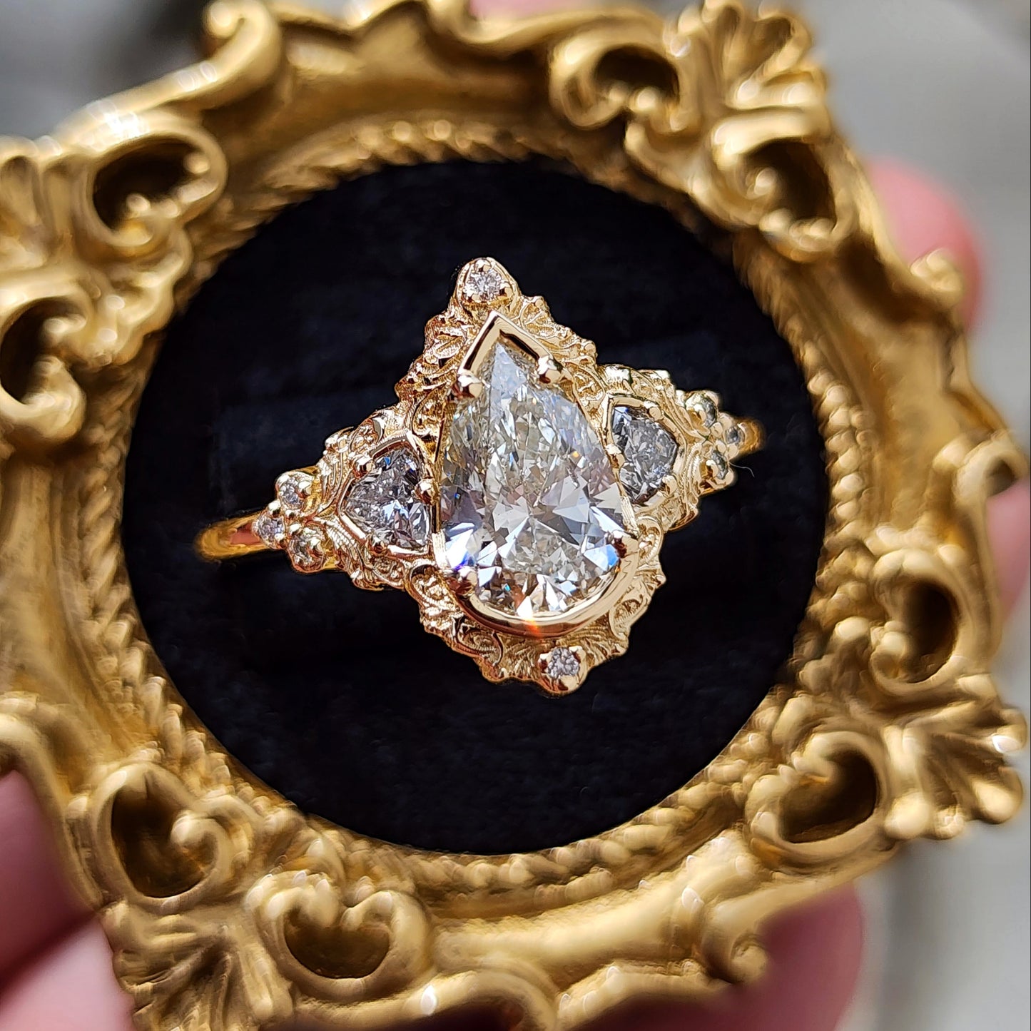 Delilah antique style engagement ring with pear trillion diamonds 14k yellow gold image 3
