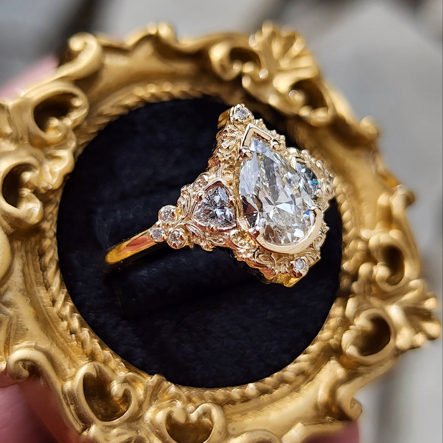 Delilah antique style engagement ring with pear trillion diamonds 14k yellow gold image 4