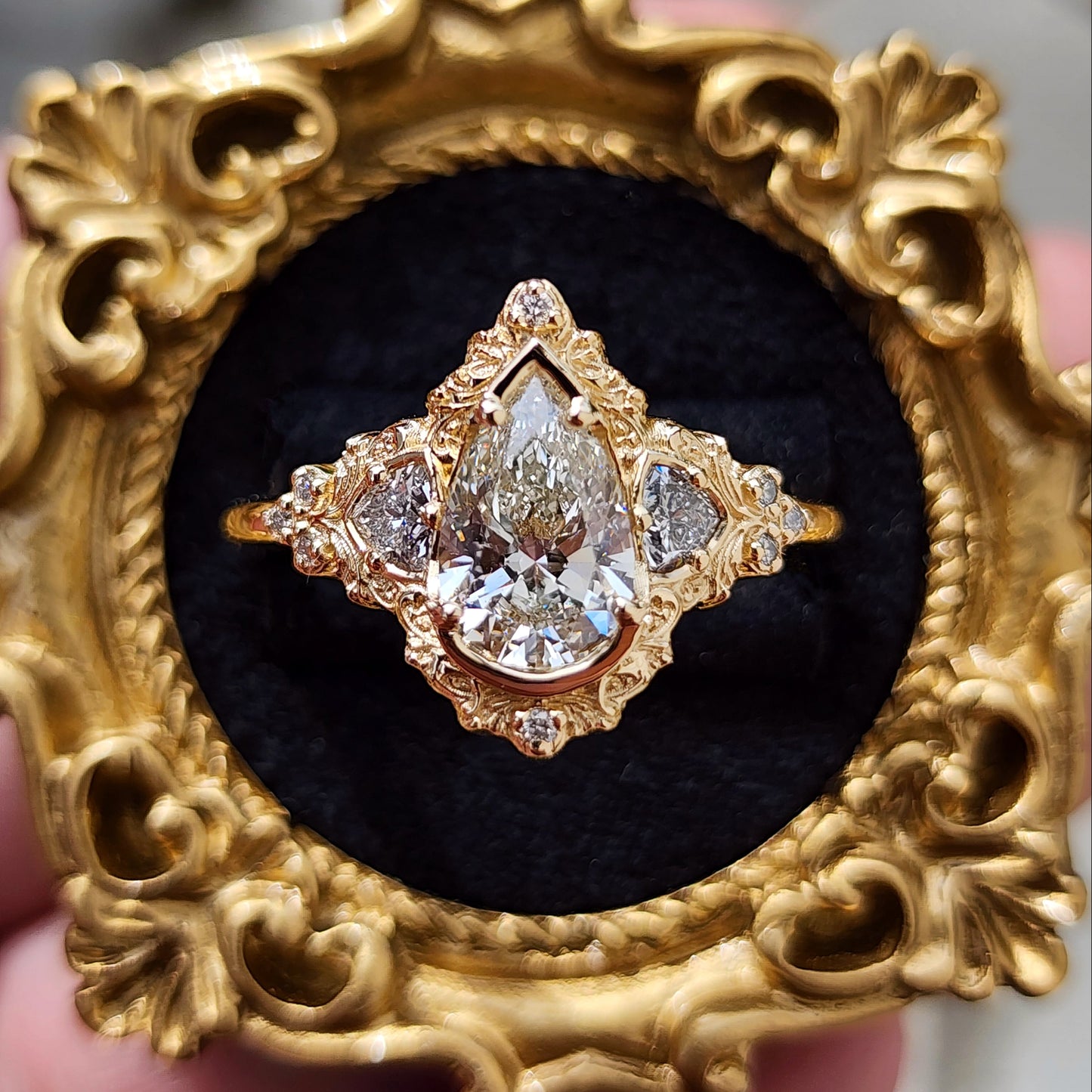 Delilah antique style engagement ring with pear trillion diamonds 14k yellow gold image 1