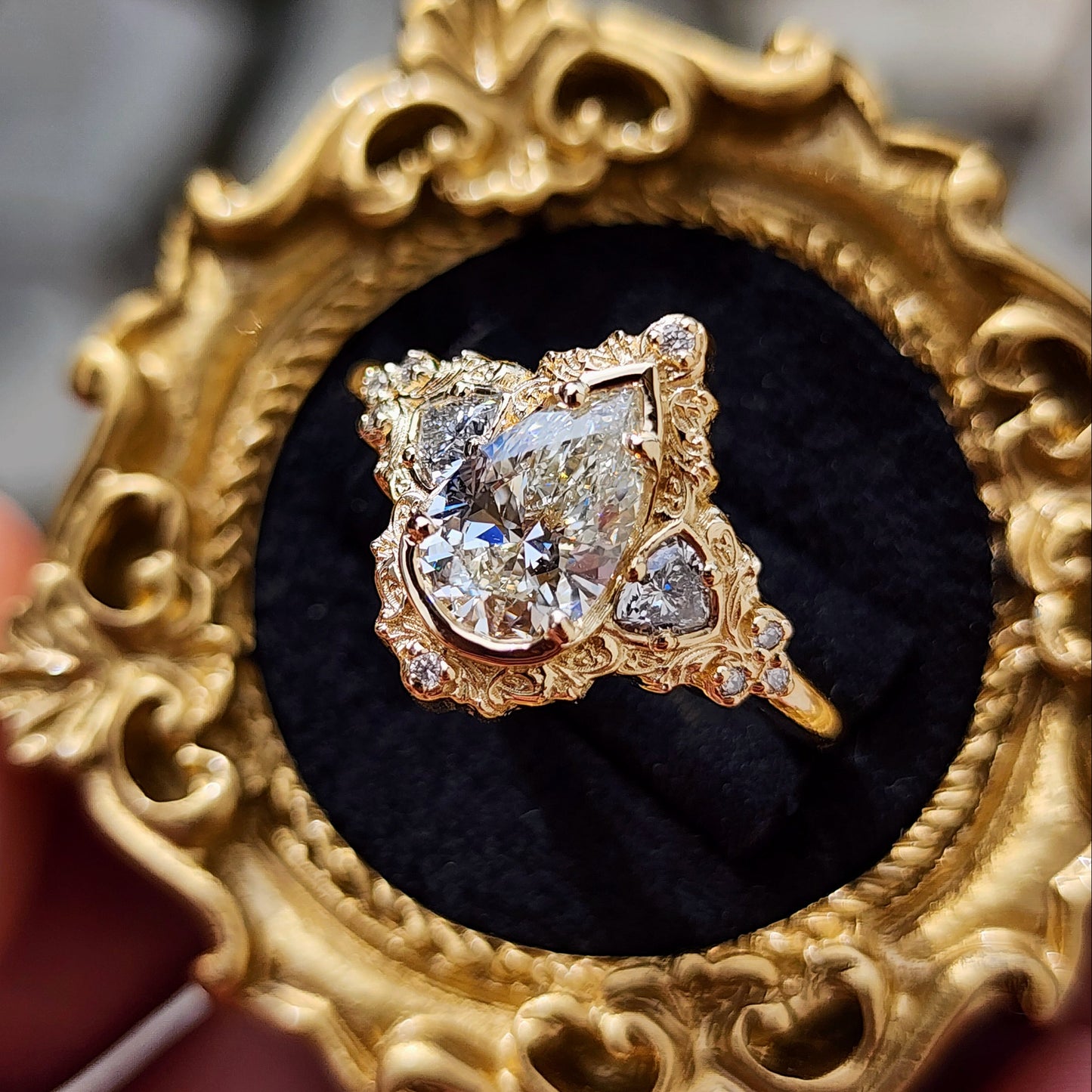 Delilah antique style engagement ring with pear trillion diamonds 14k yellow gold image 2