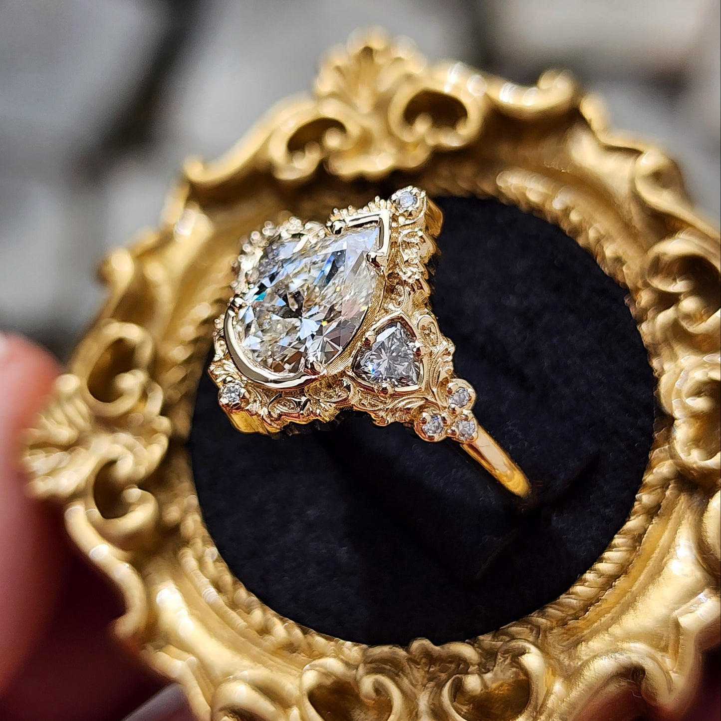 Delilah antique style engagement ring with pear trillion diamonds 14k yellow gold image 5