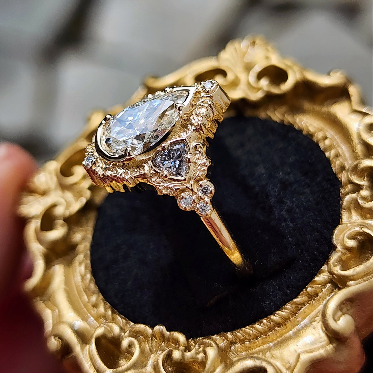Delilah antique style engagement ring with pear trillion diamonds 14k yellow gold image 6