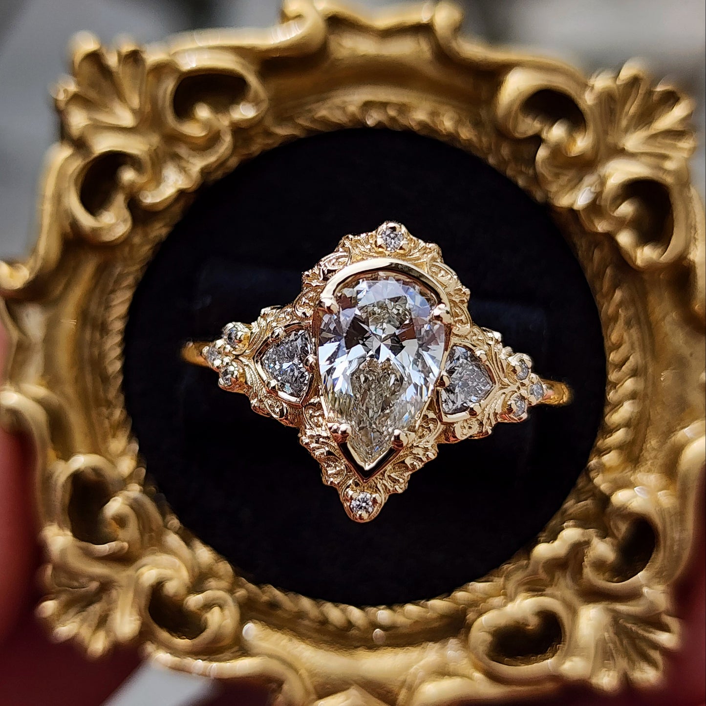 Delilah antique style engagement ring with pear trillion diamonds 14k yellow gold image 7
