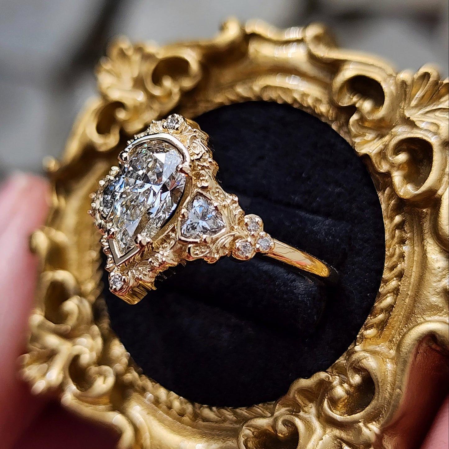 Delilah antique style engagement ring with pear trillion diamonds 14k yellow gold image 8