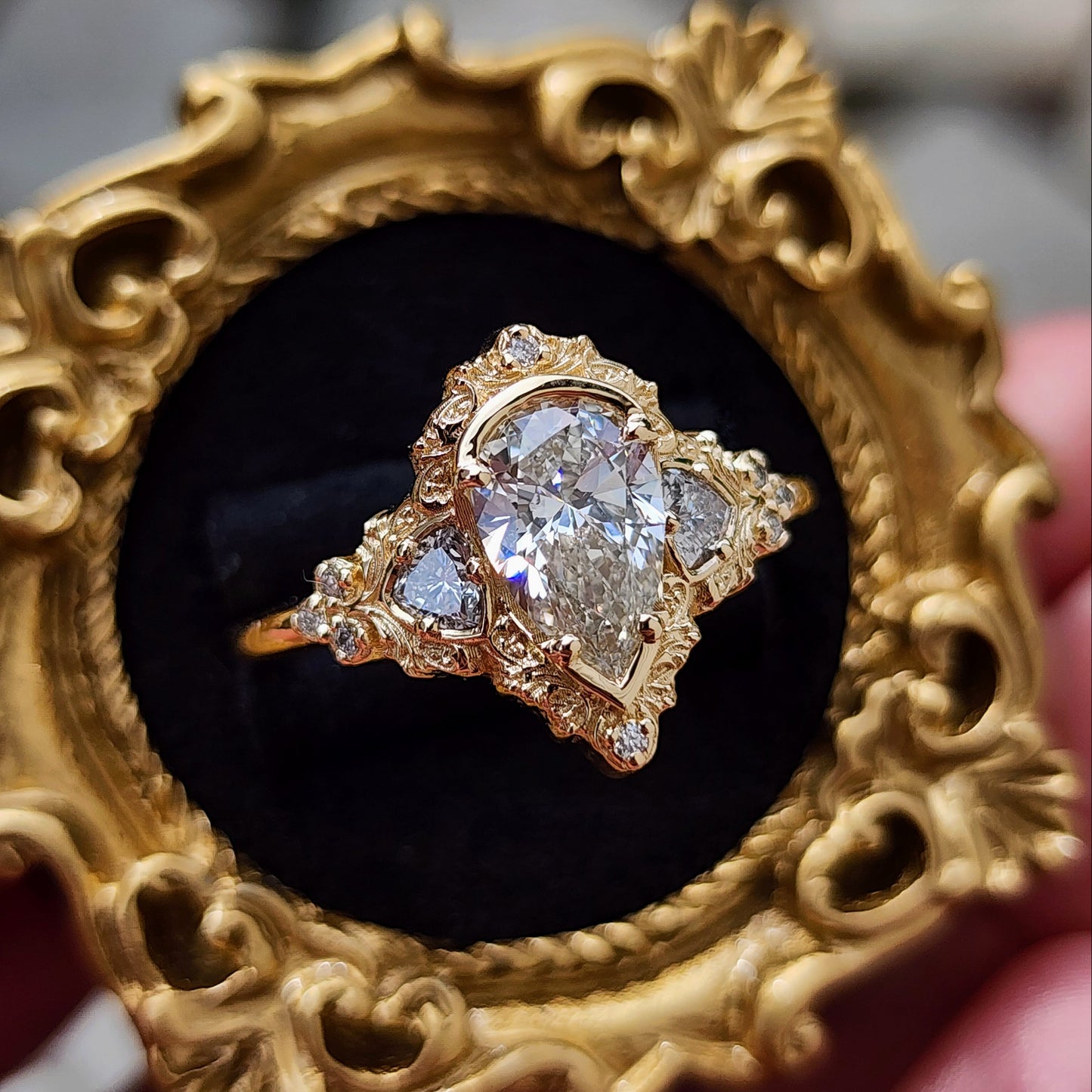 Delilah antique style engagement ring with pear trillion diamonds 14k yellow gold image 9
