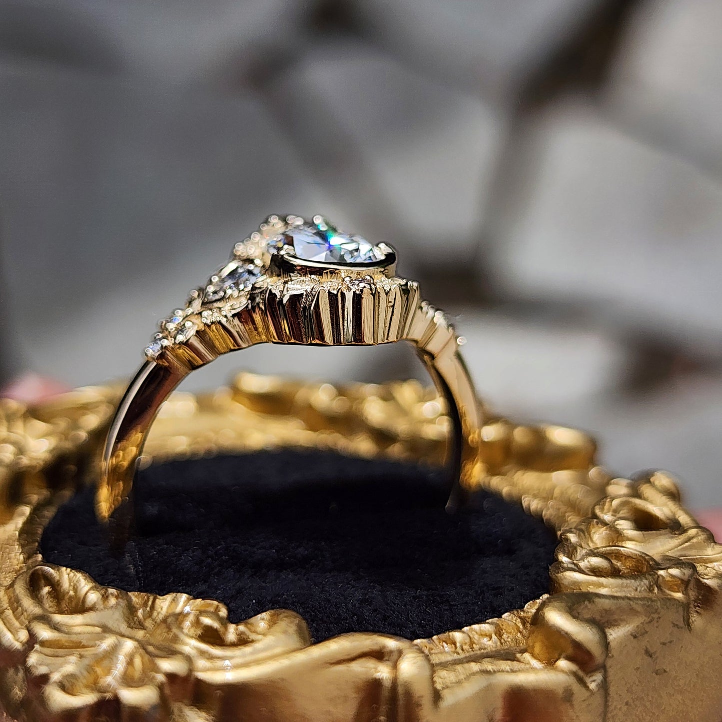 Delilah antique style engagement ring with pear trillion diamonds 14k yellow gold image 10