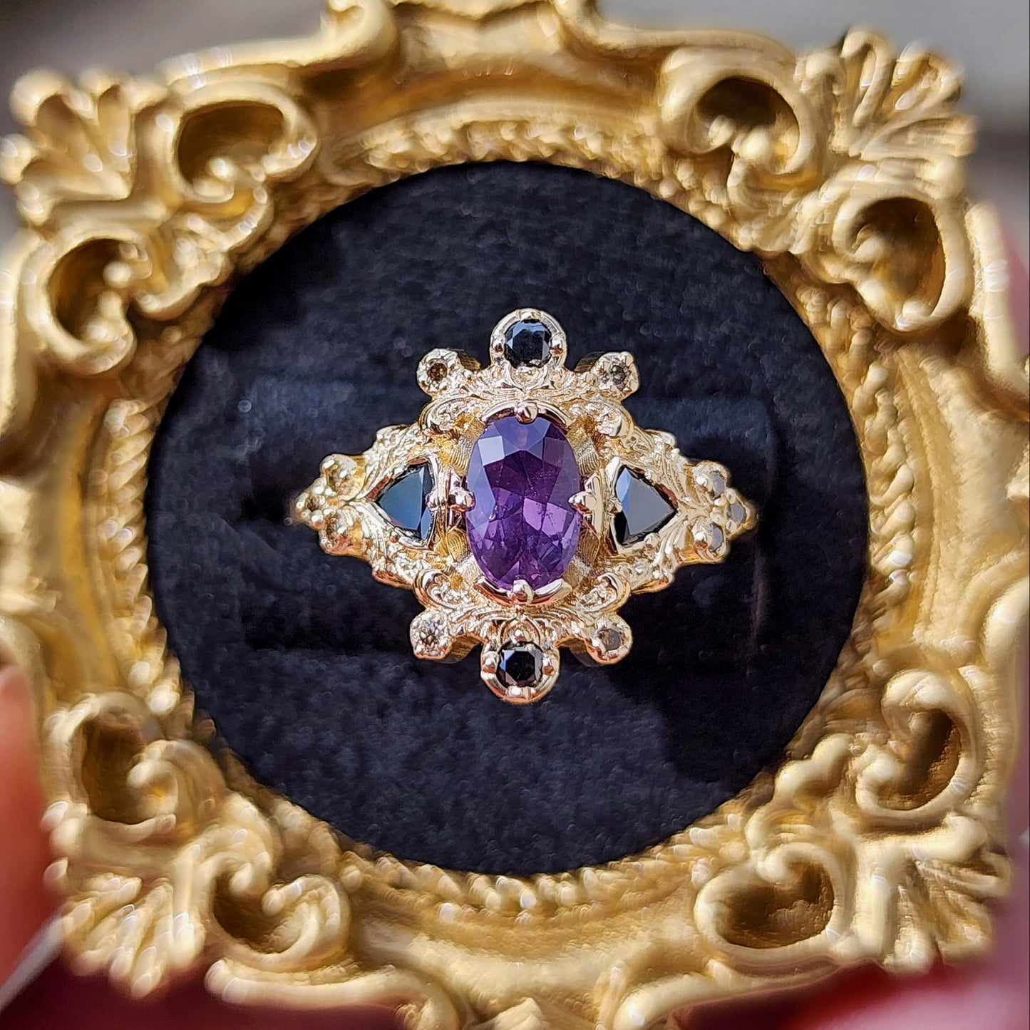 Medieval Ophelia with Purple Sapphire Black and Champagne Diamonds yellow gold 14k image 1