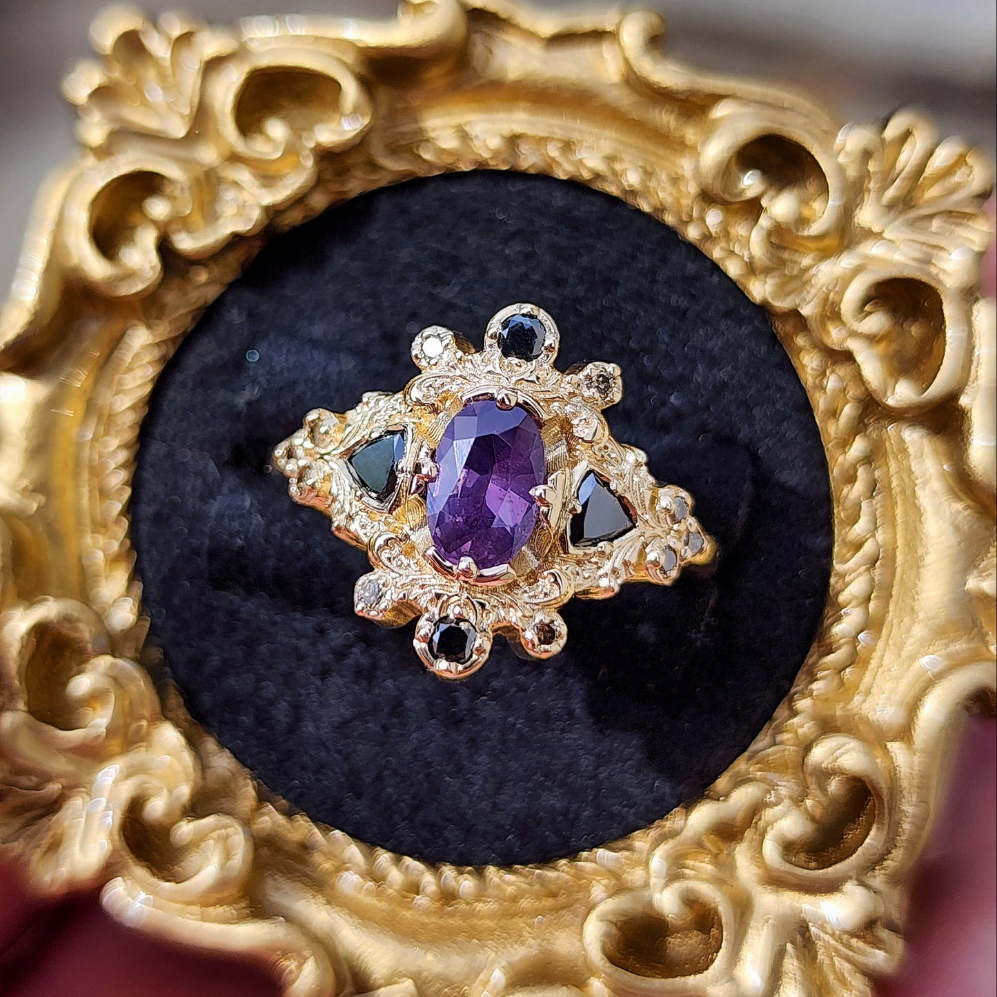 Medieval Ophelia with Purple Sapphire Black and Champagne Diamonds yellow gold 14k image 3