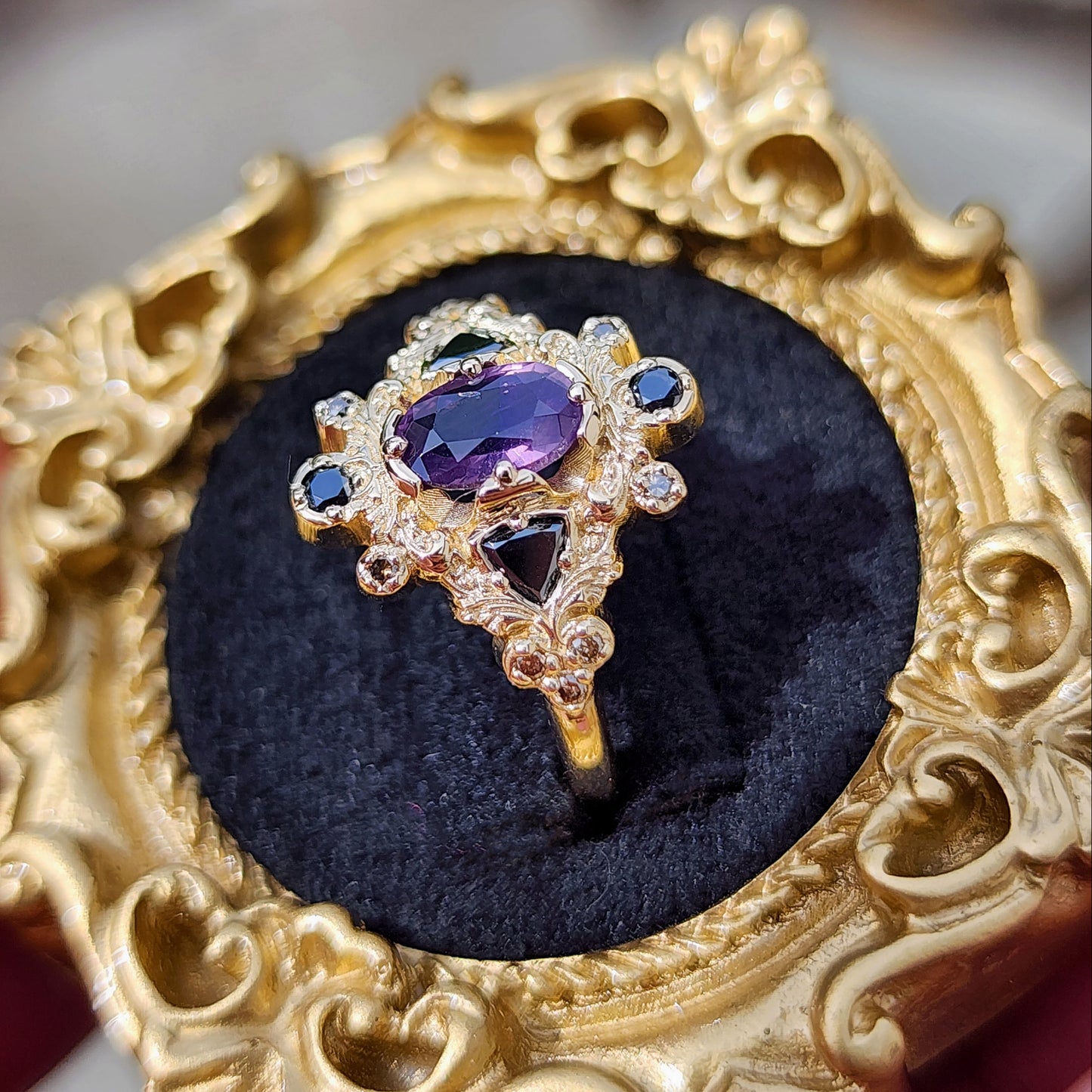 Medieval Ophelia with Purple Sapphire Black and Champagne Diamonds yellow gold 14k image 4