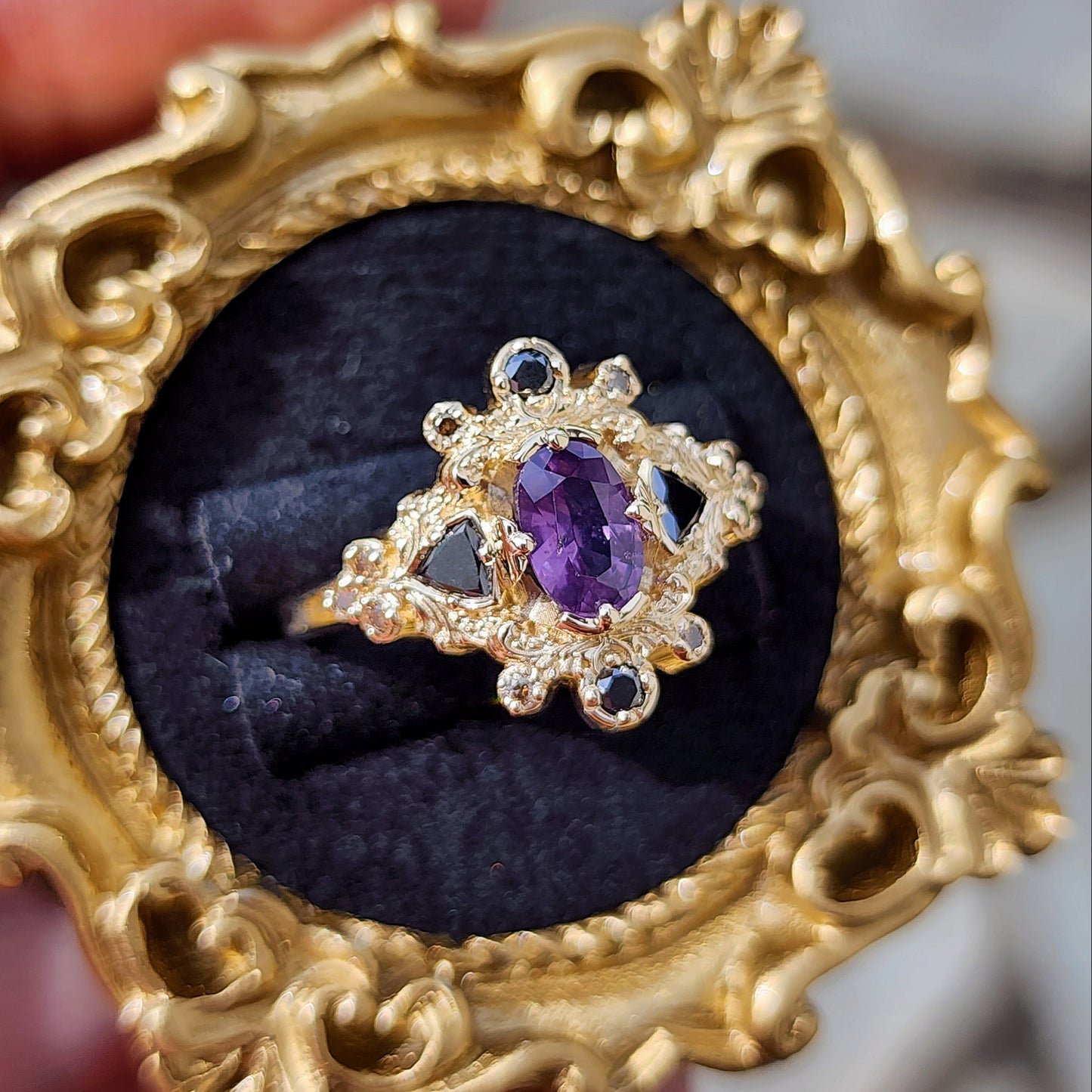 Medieval Ophelia with Purple Sapphire Black and Champagne Diamonds yellow gold 14k image 5