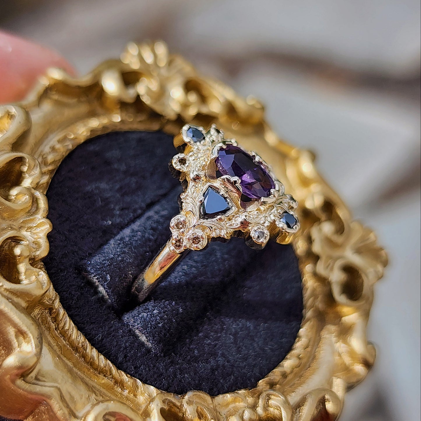 Medieval Ophelia with Purple Sapphire Black and Champagne Diamonds yellow gold 14k image 6