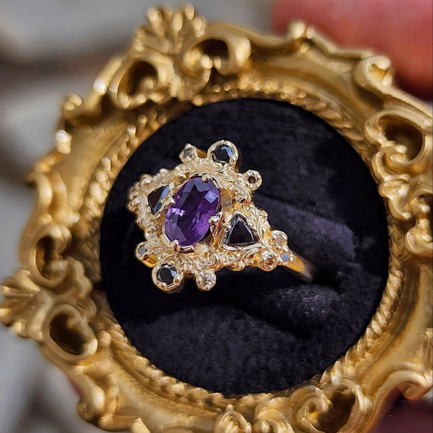 Medieval Ophelia with Purple Sapphire Black and Champagne Diamonds yellow gold 14k image 2