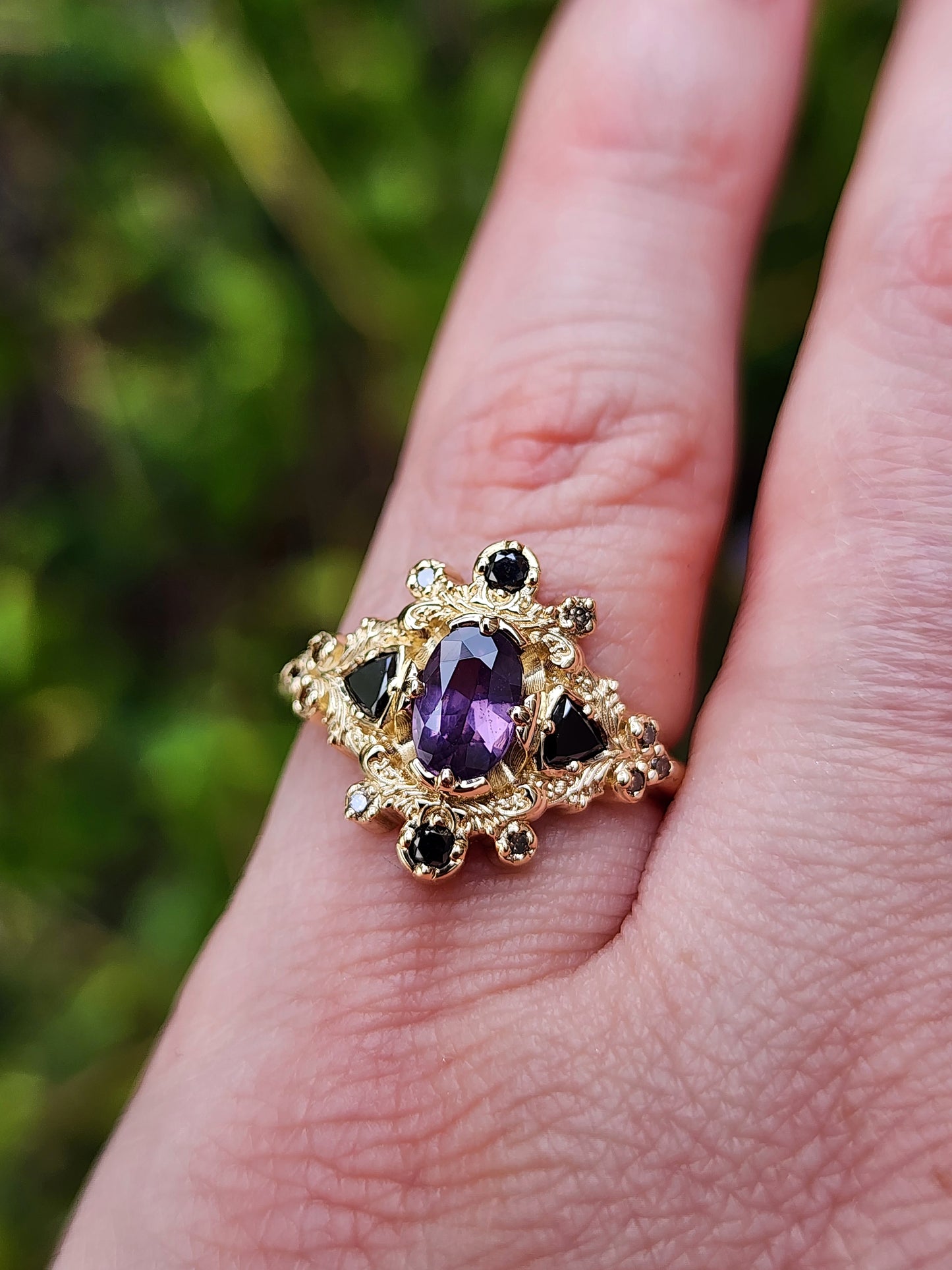 Medieval Ophelia with Purple Sapphire Black and Champagne Diamonds yellow gold 14k image 8