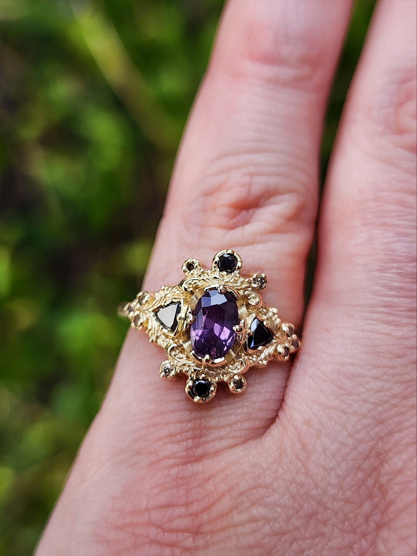 Medieval Ophelia with Purple Sapphire Black and Champagne Diamonds yellow gold 14k image image 7