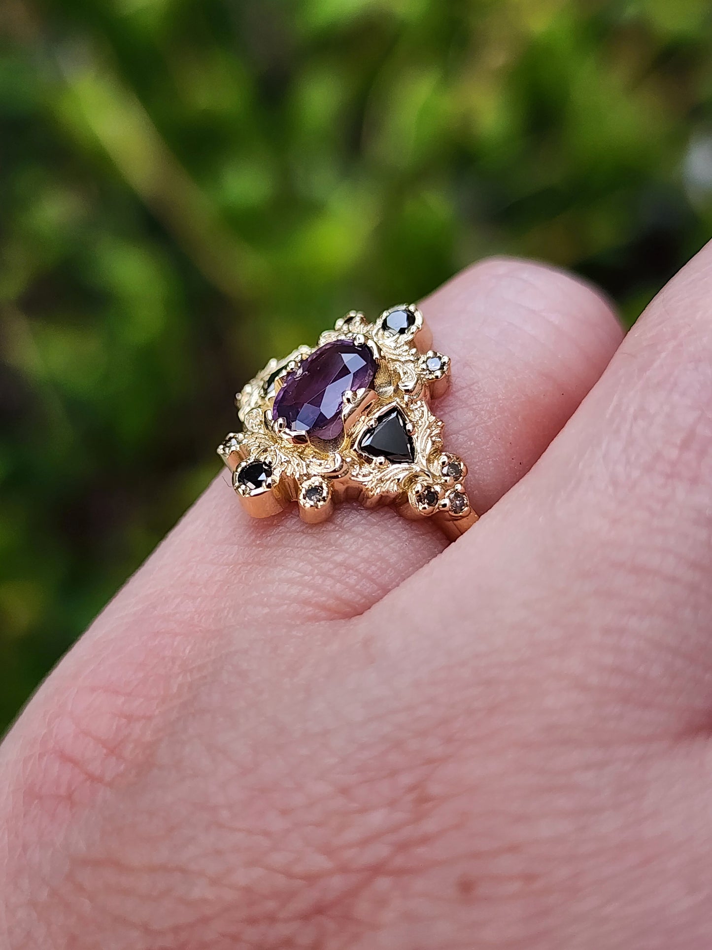 Medieval Ophelia with Purple Sapphire Black and Champagne Diamonds yellow gold 14k image 9
