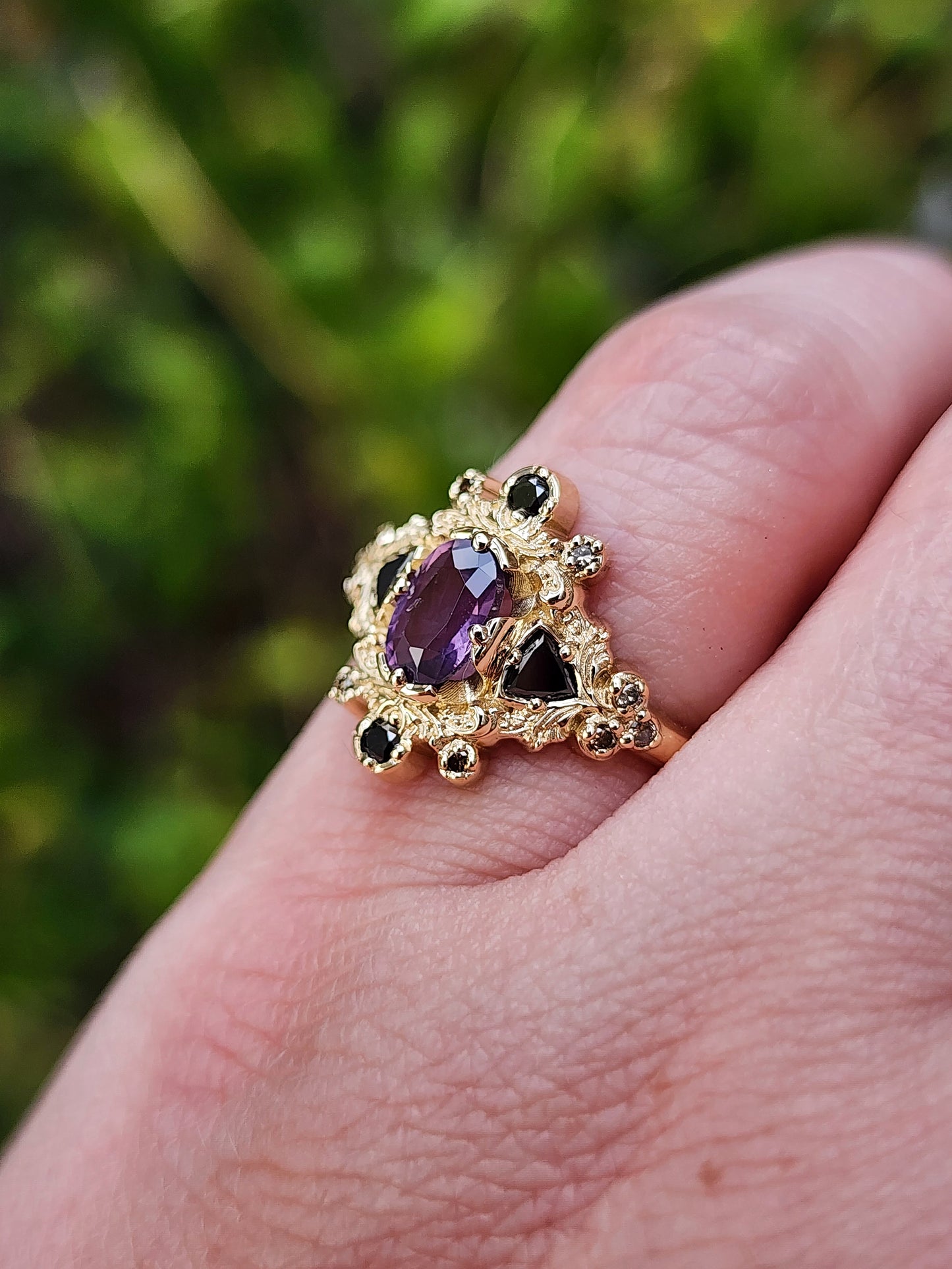 Medieval Ophelia with Purple Sapphire Black and Champagne Diamonds yellow gold 14k image 10