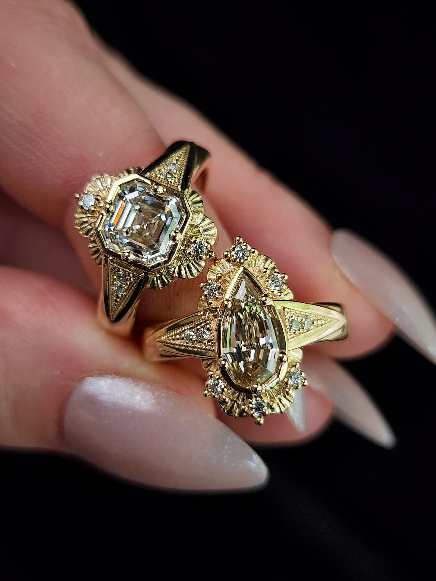 Ready to Ship Size 6-8 - Lady Mary Art Deco Tudor Wide Band Ring with Asscher Diamond in Yellow Gold