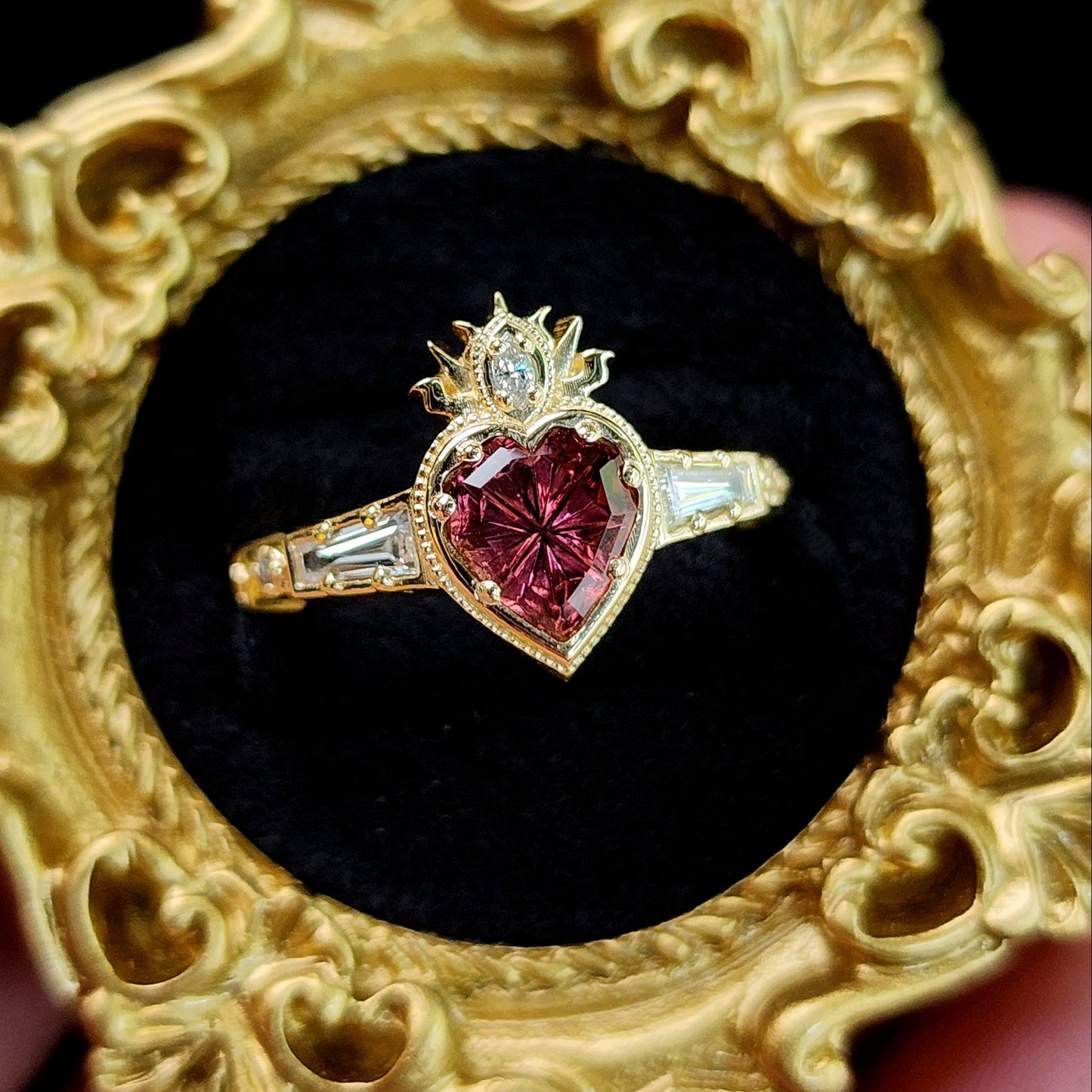 Cosmic Love Flaming Heart Ring with Pink Purple Tourmaline 14k Yellow Gold image 4