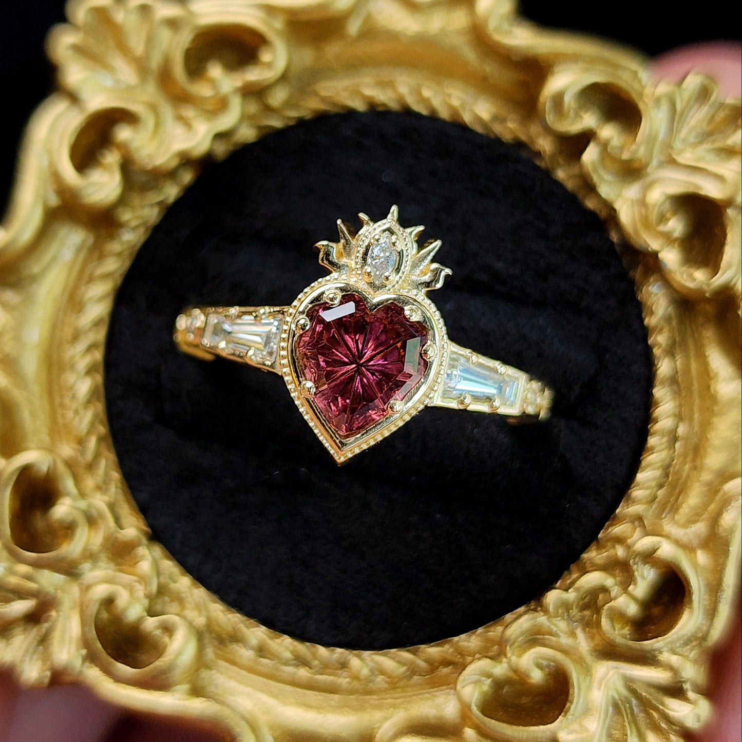 Cosmic Love Flaming Heart Ring with Pink Purple Tourmaline 14k Yellow Gold image 2 