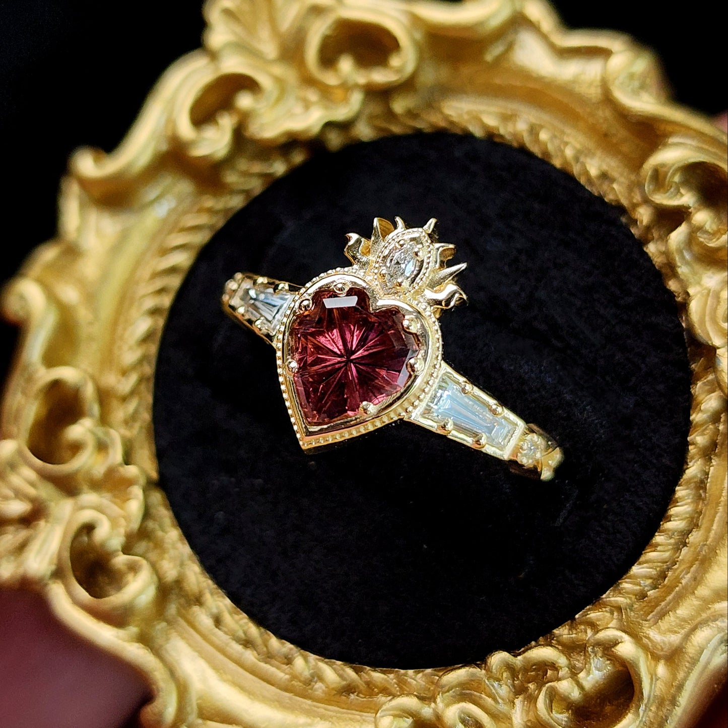 Cosmic Love Flaming Heart Ring with Pink Purple Tourmaline 14k Yellow Gold image 3