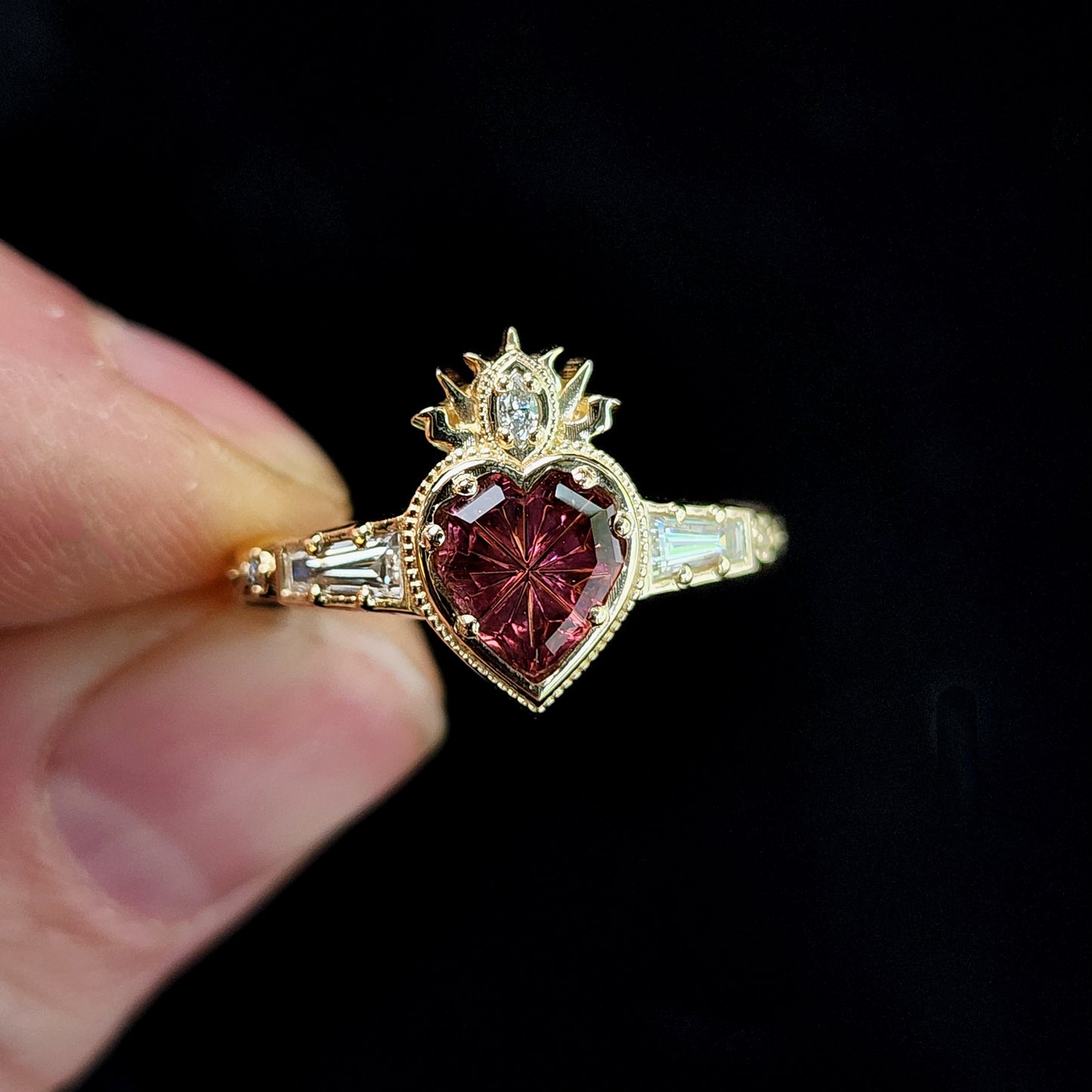 Ready to Ship Size 4-6 - Cosmic Love Flaming Heart Ring with Pink Purple Tourmaline 14k Yellow Gold