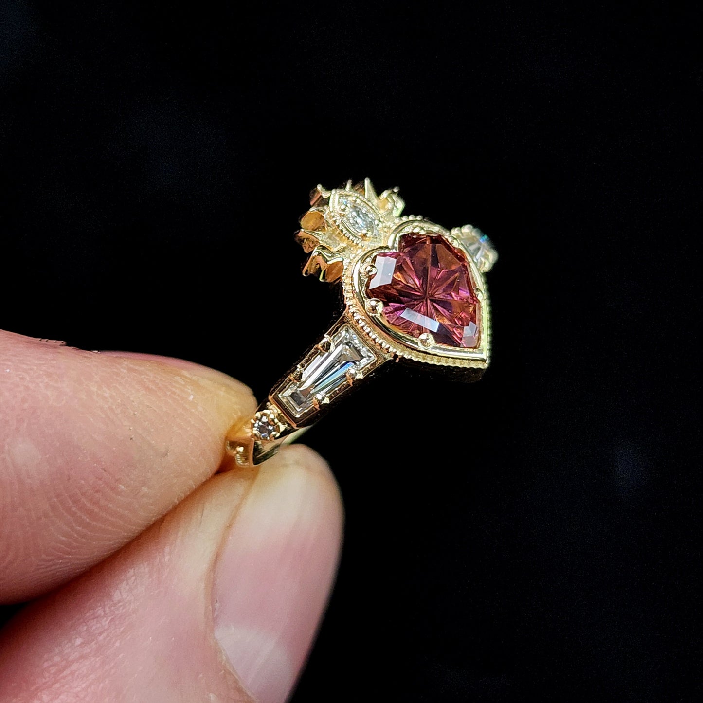 Cosmic Love Flaming Heart Ring with Pink Purple Tourmaline 14k Yellow Gold image 5