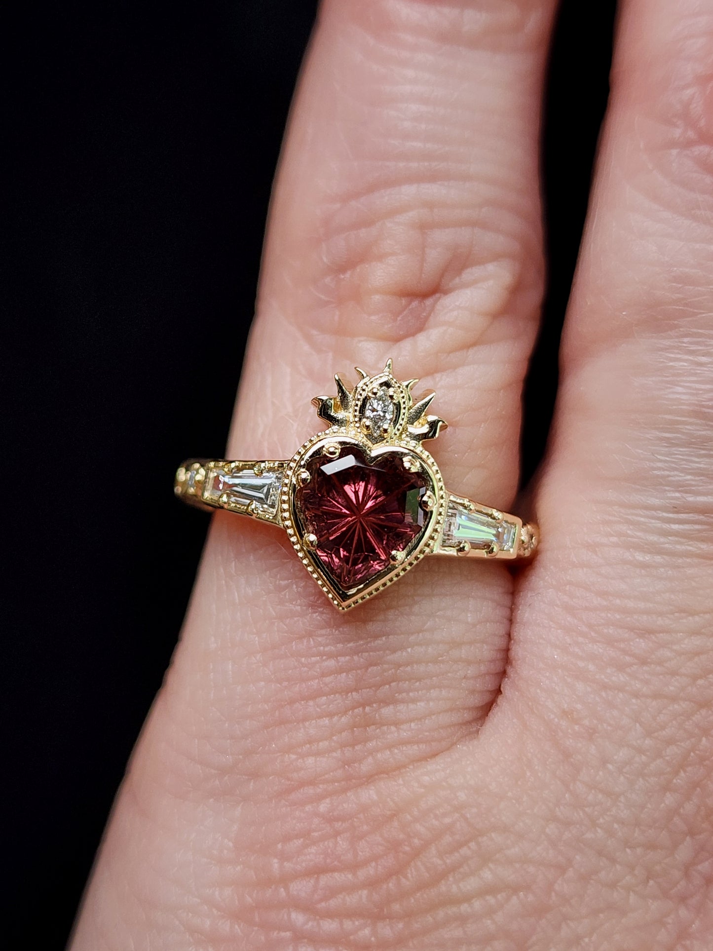 Cosmic Love Flaming Heart Ring with Pink Purple Tourmaline 14k Yellow Gold image 7