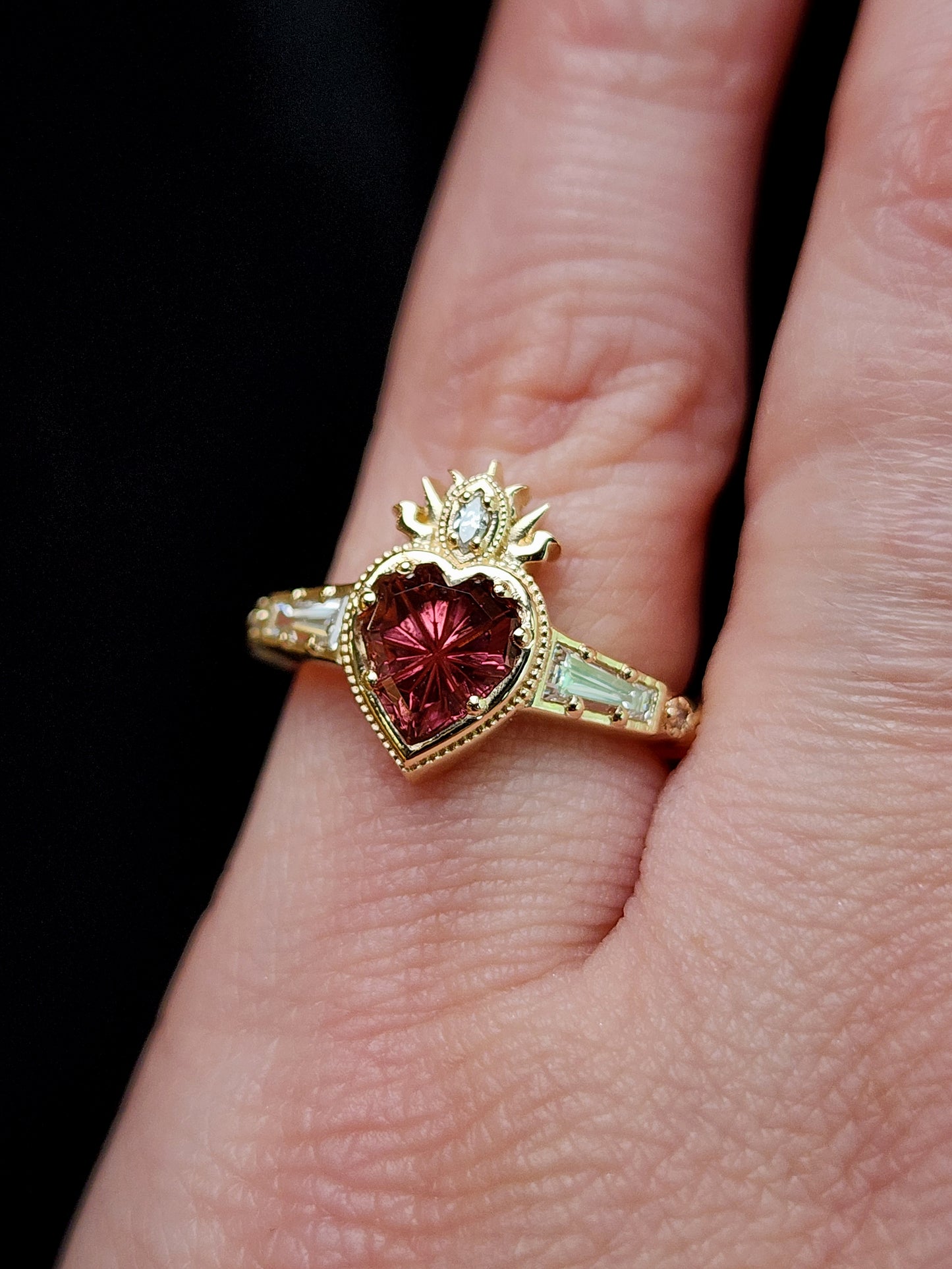 Cosmic Love Flaming Heart Ring with Pink Purple Tourmaline 14k Yellow Gold image 8