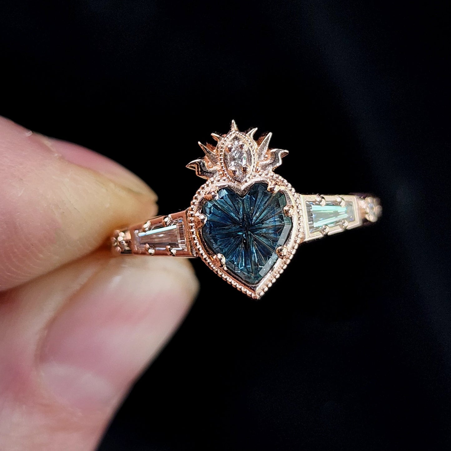 Cosmic Love Flaming Heart Ring with Blue Montana Sapphire in Rose Gold image 8