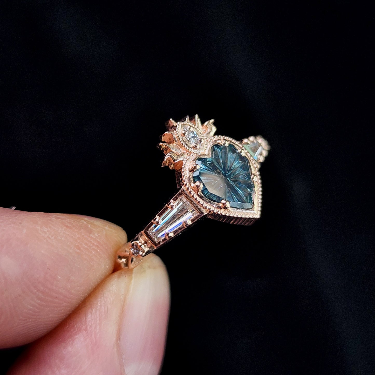 Cosmic Love Flaming Heart Ring with Blue Montana Sapphire in Rose Gold image 9