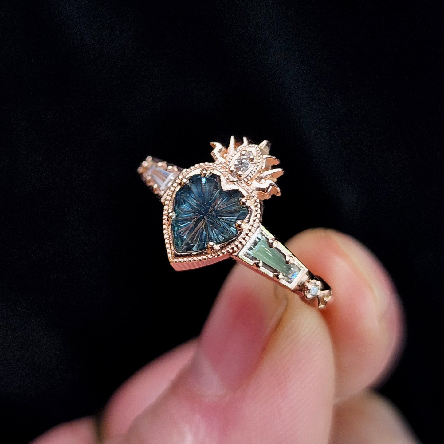 Cosmic Love Flaming Heart Ring with Blue Montana Sapphire in Rose Gold image 6